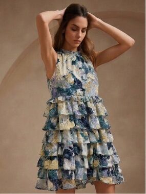 Chelsea28 Tiered Ruffle Mini Dress in Blue, Green, Cream